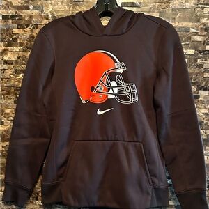 Boys NIKE Dark Brown Dri fit Hoodie with Bold Orange Helmet Graphic 10/12